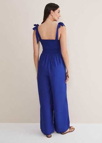 Phase Eight Ona Linen Shirred Wide Leg Jumpsuit Deep Blue Canada | XSRJYW-608